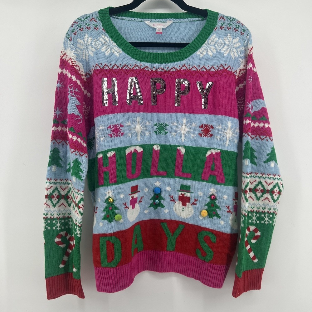 No Boundaries Ugly Christmas Sweater Happy Holla Days Sequin Knit Juniors XL